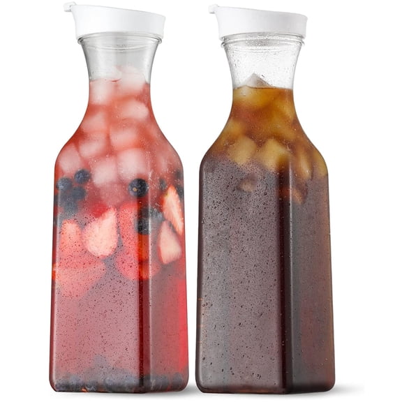 Bxaolu [50 oz - 2 Pack] Plastic Carafe with Lid, Square Base - Clear Pitcher with Flip Top Lid, Spout Juice Containers with Lids - Perfect for Mimosa Bar, Water, Lemonade and Other Beverages