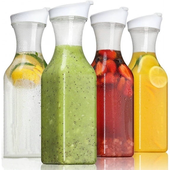 Bxaolu 50oz Plastic Juice Carafe with Lids (4 Pack) 1500ml Carafes for Mimosa Bar, Drink Pitcher with Lid, Milk Container, Clear Beverage Containers for Fridge, Pantry Storage, Square Pitchers