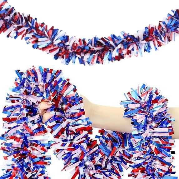 Bxaolu 6.56Ft Patriotic Glitter Tinsel Garland Decoration, Red White Blue Metallic Tinsel Twist Garland, 4th of July Decor Parade Golf Shiny Tinsels for Car Bike Independence Day Memorial Day Decor
