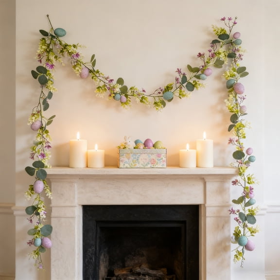 Bxaolu 6FT Pastel Easter Egg Garlands for Mantle, Artificial Colorful Spring Floral Garland with Flowers Leaves for Home Window Wall Holiday Party Easter Decoration Gift