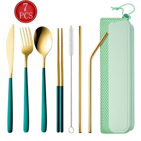 Bxaolu 7 Pieces Stainless Steel Flatware Set Portable Reusable Cutlery Set Travel Utensils Set Including: Chopsticks Knife Fork Spoon Straws Cleaning Brush Dishwasher Safe (Green)