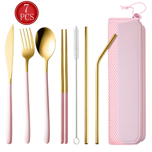 Bxaolu 7 Pieces Stainless Steel Flatware Set Portable Reusable Cutlery Set Travel Utensils Set Including: Chopsticks Knife Fork Spoon Straws Cleaning Brush Dishwasher Safe (Pink)
