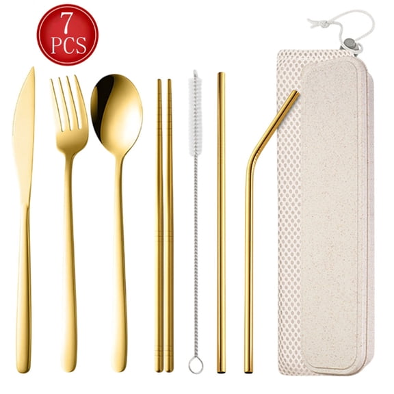 Bxaolu 7 Pieces Stainless Steel Flatware Set Portable Reusable Cutlery Set Travel Utensils Set Including: Chopsticks Knife Fork Spoon Straws Cleaning Brush Dishwasher Safe (Gold)