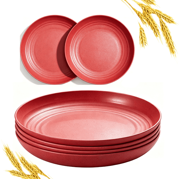 Bxaolu 8.9 Inch Unbreakable Wheat Straw Plates - 6PCS Reusable Plate Set - Dishwasher & Microwave Safe - Dinner Dishes Lightweight Plates Salad Adult Plate for Kitchen Camping - BPA Free - Red