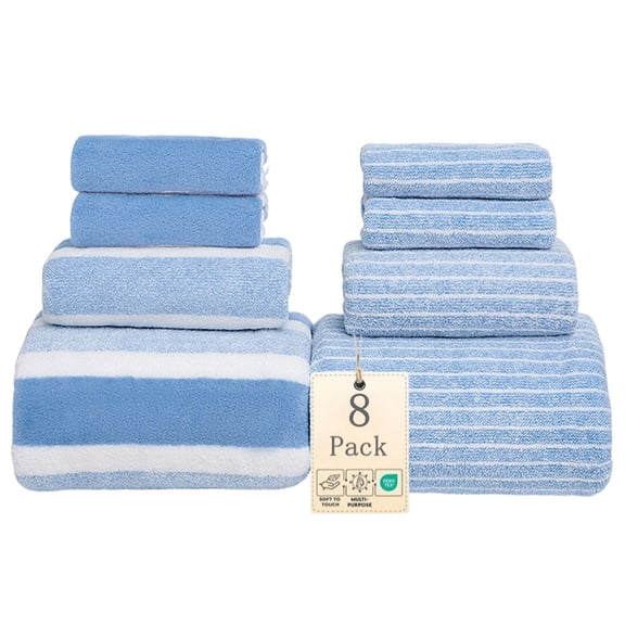 Bxaolu 8 Piece Premium Towel Set, 2 Bath + 2 Hand + 4 Wash Cloths, Velvet&nbsp;Spun Cotton, Highly Absorbent Towels for Bathroom, Gym, Hotel, and Spa, Blue