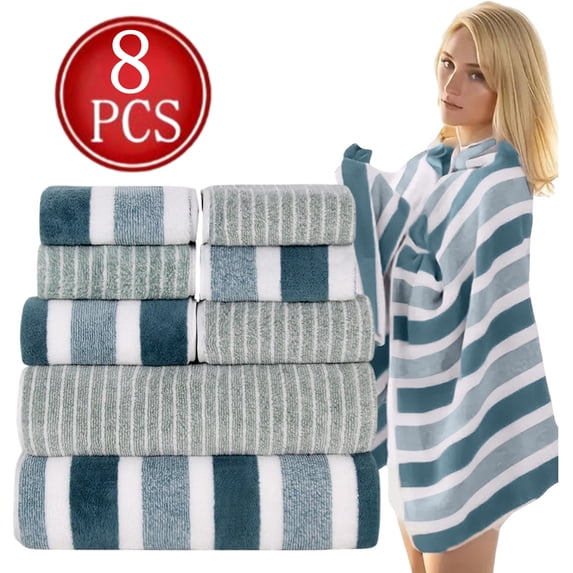 Bxaolu 8 Piece Stripes Towel Set, Super Soft & Absorbent Cotton Towels Set for Bathroom Decor, 2 Bath, 2 Hand, 4 Washcloths, Quick Dry Shower Towel for Family Gym