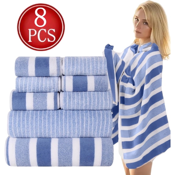 Bxaolu 8 Piece Stripes Towel Set, Super Soft & Absorbent Cotton Towels Set for Bathroom Decor, 2 Bath, 2 Hand, 4 Washcloths, Quick Dry Shower Towel for Family Gym