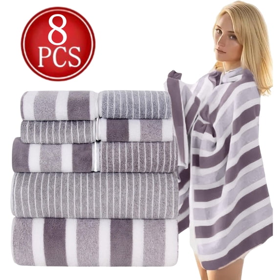 Bxaolu 8 Piece Stripes Towel Set, Super Soft & Absorbent Cotton Towels Set for Bathroom Decor, 2 Bath, 2 Hand, 4 Washcloths, Quick Dry Shower Towel for Family Gym