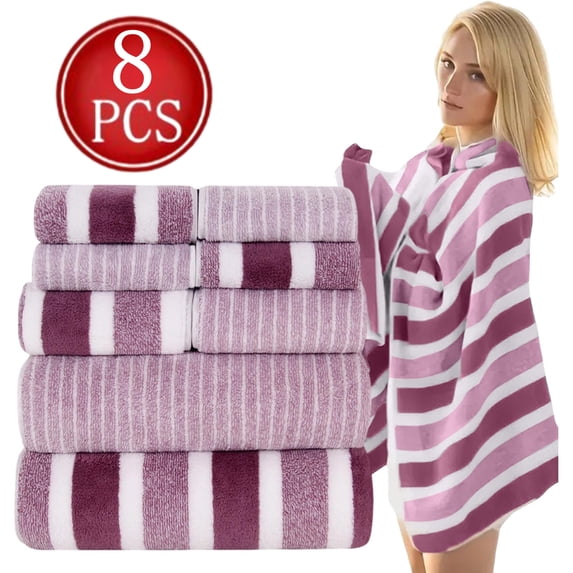 Bxaolu 8 Piece Stripes Towel Set, Super Soft & Absorbent Cotton Towels Set for Bathroom Decor, 2 Bath, 2 Hand, 4 Washcloths, Quick Dry Shower Towel for Family Gym