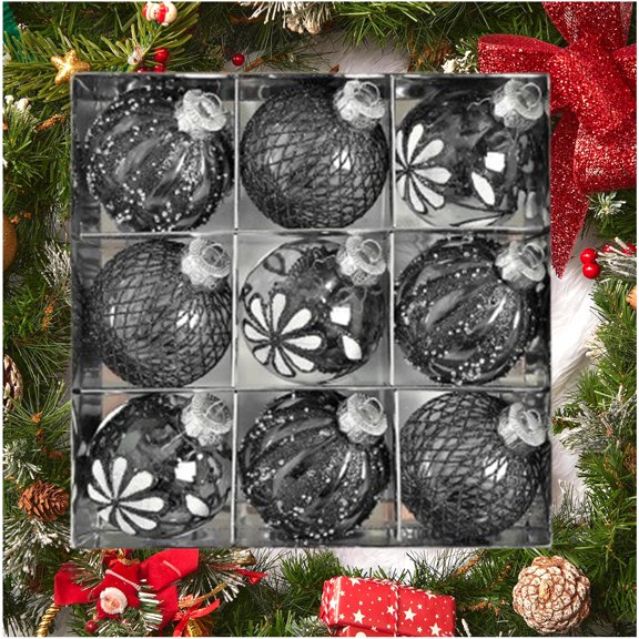 Bxaolu 9PCS Christmas Ball Ornaments Set, 3.15" PET Painted Christmas Tree Decorations Ball Ornaments for Xmas Tree Thanksgiving Party Decoration, Black