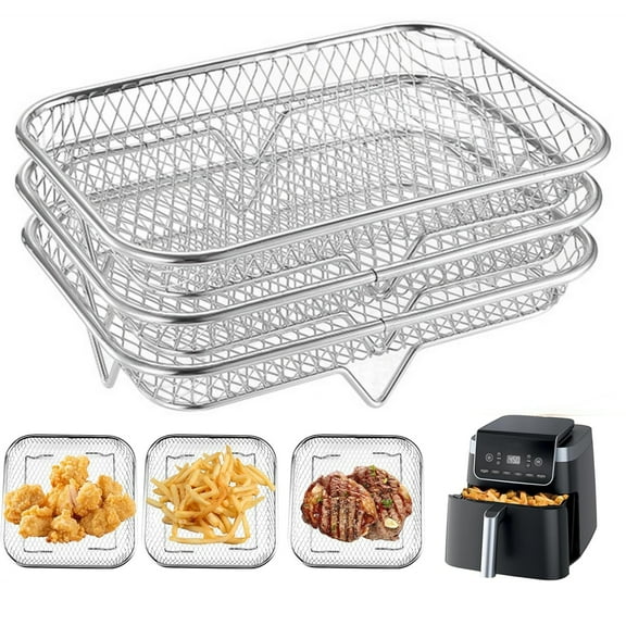 Bxaolu Air Fryer Racks, 3Pack Round Stackable Dehydrator Racks with Insulated Clamp and Silicone&nbsp;Feet, Universal Stainless Steel Kitchen Air Fryer Accessories Fit all 4.2QT-6.8QT Air Fryer, 8"