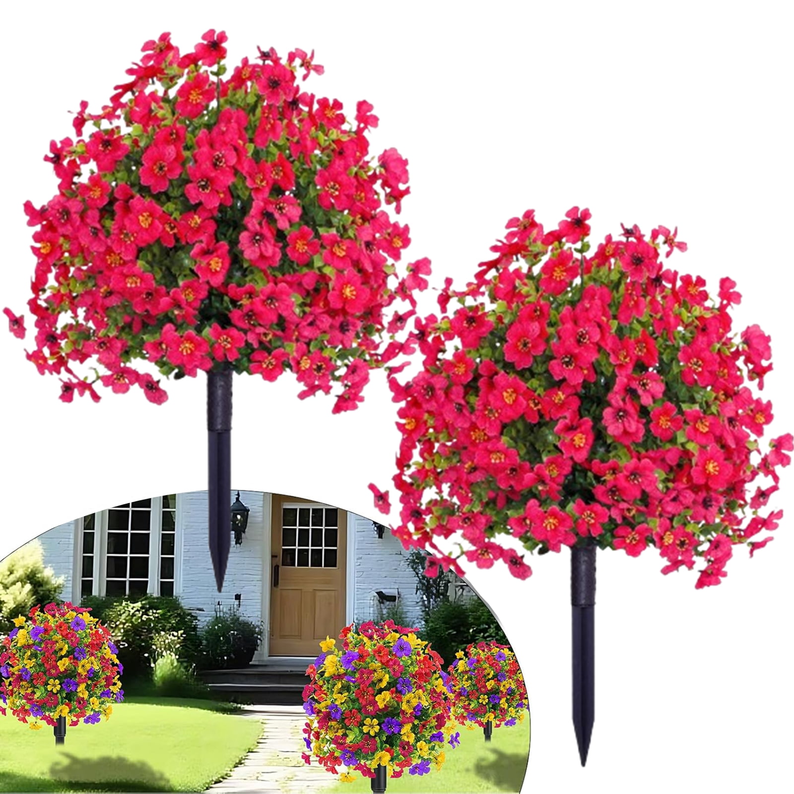 Bxaolu Artificial Flowers with Ground Stake,Artificial Fake Flowers for Outdoor Spring Decoration,22" Realistic UV Resistant Silk Flowers for Outside Patio Window Garden Yard Home (Rose Red)