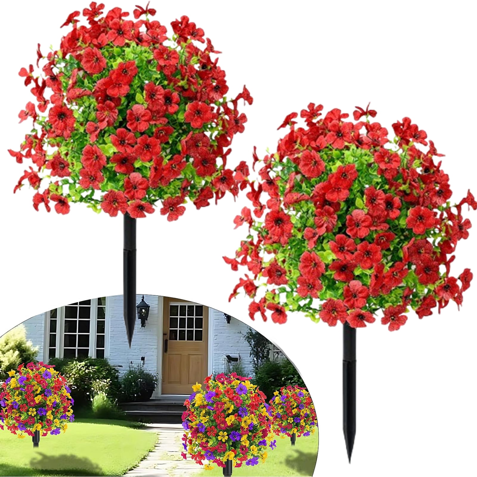Bxaolu Artificial Flowers with Ground Stake,Artificial Fake Flowers for Outdoor Spring Decoration,22" Realistic UV Resistant Silk Flowers for Outside Patio Window Garden Yard Home (Red)