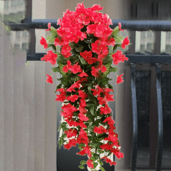 Bxaolu Artificial Hanging Flowers Outdoor Faux Plants Spring Decor Fake Silk Violets UV Resistant Trailing Vines Porch Yard Indoor (Red, Violet)