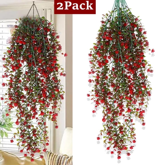 Bxaolu Artificial Hanging Flowers Outdoor Faux Plants Spring Summer Decor Fake Silk Violets, Realistic UV Resistant Trailing Vines Porch Yard Indoor Wedding Favors(Red,2Pcs)