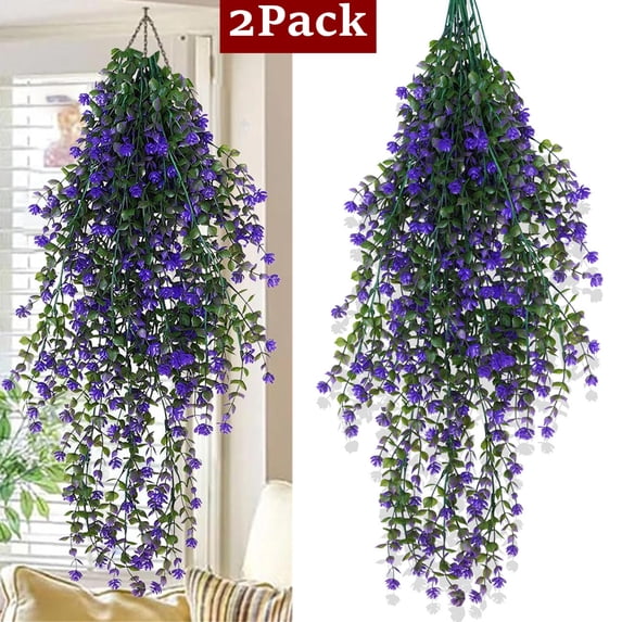 Bxaolu Artificial Hanging Flowers Outdoor Faux Plants Spring Summer Decor Fake Silk Violets, Realistic UV Resistant Trailing Vines Porch Yard Indoor Wedding Favors(Purple,2Pcs)