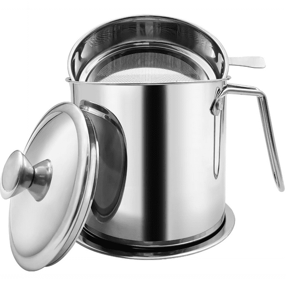 Bxaolu Bacon Grease Container With Strainer,1.8LKitchen Stainless Steel Oil Container Can with Strainer and Anti-slip Coaster Tray for Store Meat Frying Oil and Cooking Grease Storage