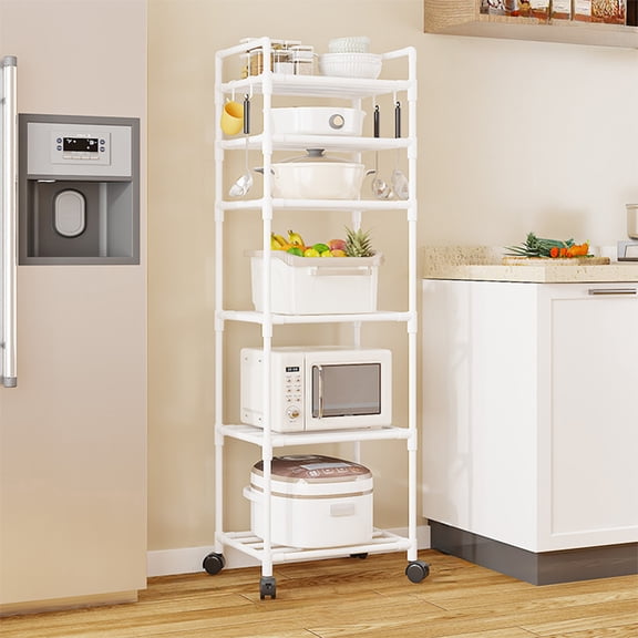 Bxaolu Bakers Rack for Kitchen with Storage, Stand Kitchen Cart, 6-Tier Plastic Kitchen Shelves Cart with Wheels & 4-Hooks for Kitchen, Home, White