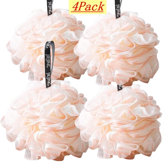Bxaolu Bath Loofah Sponge, 4 Pack Black 50G Shower Mesh Ball Soft Pouf Body Scrubber, Exfoliate, Cleanse, Soothe Skin, Body Wash Sponge, Pink