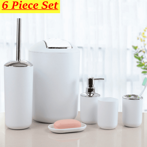 Bxaolu Bathroom Accessories Set 6 Piece Bath Ensemble Includes Soap Dispenser, Toothbrush Holder, Toothbrush Cup, Soap Dish for Decorative Countertop and Housewarming Gift, White