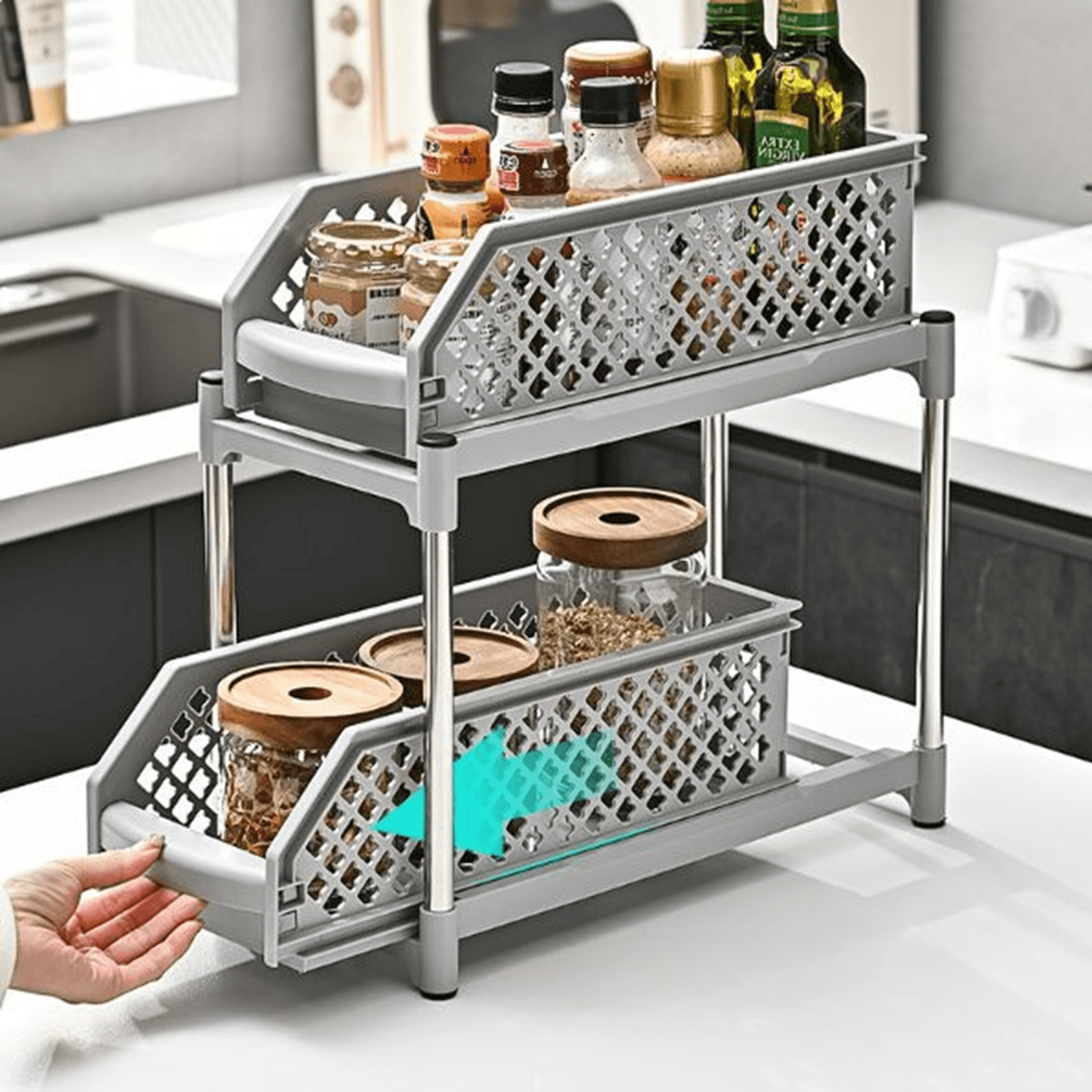 Bxaolu Bathroom Organizer, 1Pack 2 Tier Stackable Under Sink Organizers and Storage Cabinet Organizers for Bathroom Kitchen Pantry Organization and Storage, Plastic Cabinet Organizer, Gray
