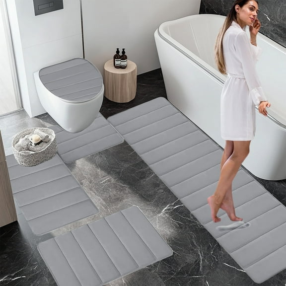 Bxaolu Bathroom Rug Set 5 Piece, Soft Bath Mat Set, Absorbent Bath Mats for Bathroom - Non-Slip & Washable Bathroom Rugs for Tub, Toilet and Floor, Gray