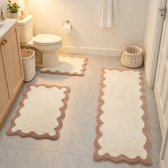 Bxaolu Bathroom Rugs Set 3 Piece, Scalloped Non Slip Washable Bath Mat with U-Shaped Toilet Rug, Extra Absorbent Quick Dry Soft Plush Shower Mats for Floor Sink