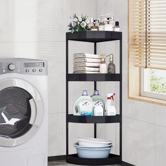 Bxaolu Bathroom Standing Shelf, 4 Tier Open Floor Shelves, Free-Standing Shelf Units, Triangular Corner Shelf Stand for Small Space, Ideal for Bathroom,Kitchen,Vanity Storage and Organizer, Black