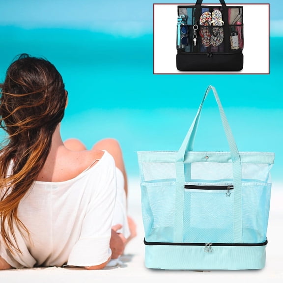 Bxaolu Beach Bag with Cooler, Mesh Beach Tote Bag with Zipper and Pockets Large Packable for Pool and Swimming Travel Essentials - Light Blue