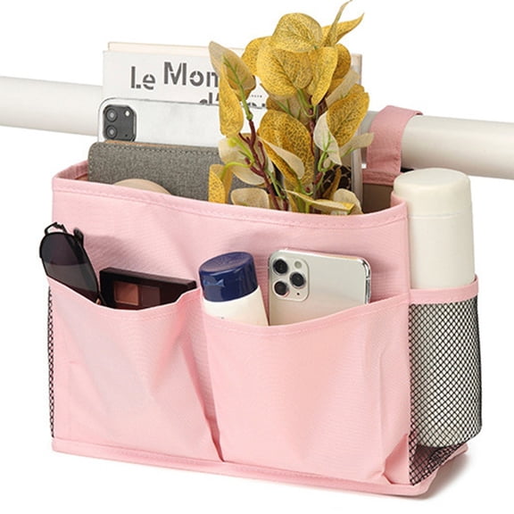 Bxaolu Bedside Caddy Hanging Bed Organizer Storage Bag Pocket for Bunk and Beds, Bedroom, Dorm Rooms Bed Rails, Multi-Function&nbsp;bed Shelf with 4 Pockets and 2 Hooks (Pink)