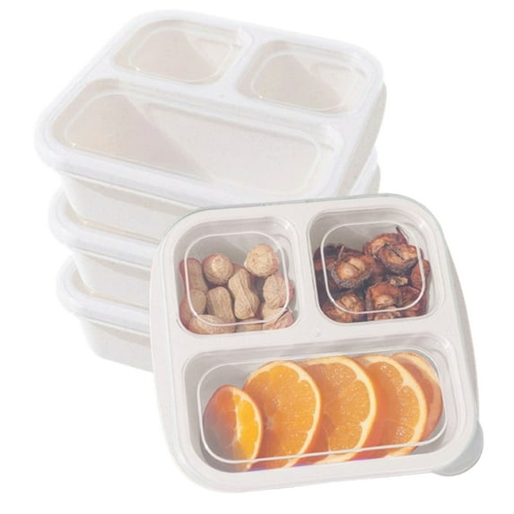 Bxaolu Bento Box, 4 Pack 3 Compartments Meal Prep Containers Reusable Lunch Containers, Food Storage Containers With Lids, Stackable Snack Boxes for Office, Work, and Travel, Beige