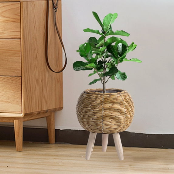 Bxaolu Boho Rattan Plant Stand –7.7" Small Handwoven Wicker Modern Floor Planter Stand for Indoor Plants, Large Farmhouse Decor, Sturdy Wood Leg and Rope Design, Housewarming Gift Home Decor