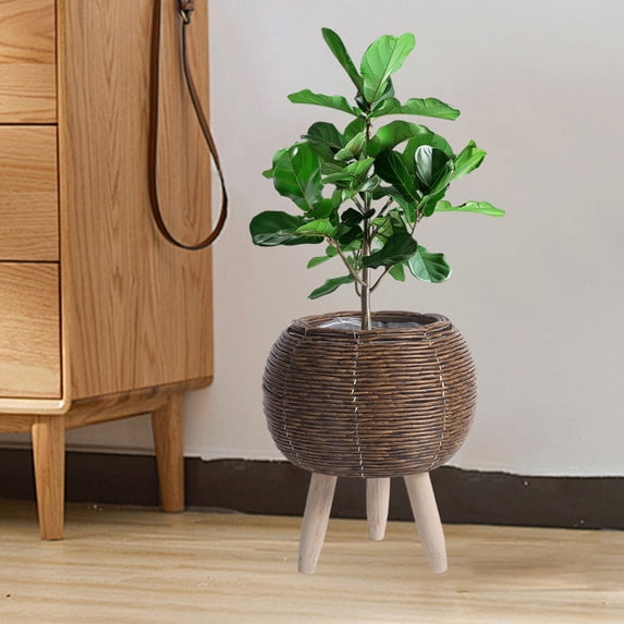 Bxaolu Boho Rattan Plant Stand –7.7" Small Handwoven Wicker Modern Floor Planter Stand for Indoor Plants, Large Farmhouse Decor, Sturdy Wood Leg and Rope Design, Housewarming Gift Home Decor