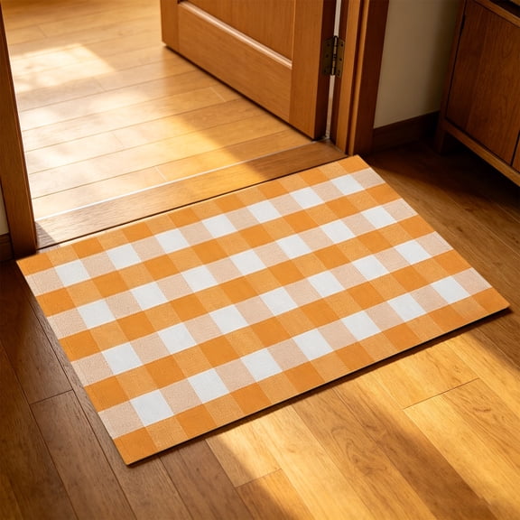 Bxaolu Buffalo Plaid Outdoor Rug, 16"x24" Orange White Check Indoor/Outdoor Area Rugs, Small Rug for Hello/Welcome Door Mat, Washable Woven Farmhouse Mat for Christmas Front Porch Décor