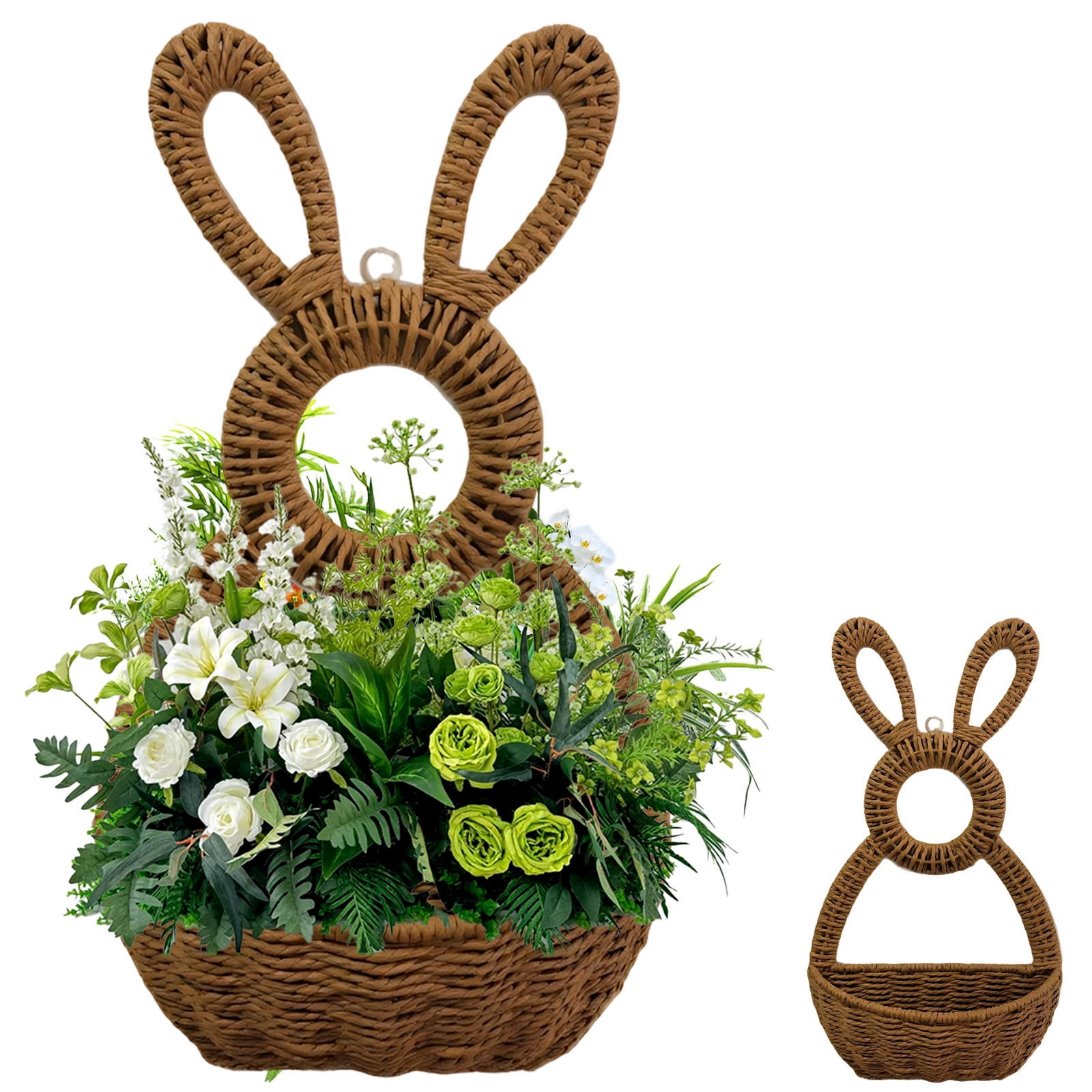 Bxaolu Bunny Basket Hanging Wall Pocket Spring Decor,Handwoven Spring Summer Bunny Wall Basket, Wicker Easter Baskets Rabbit DIY Handmade Wreath for Front Door Home Decor