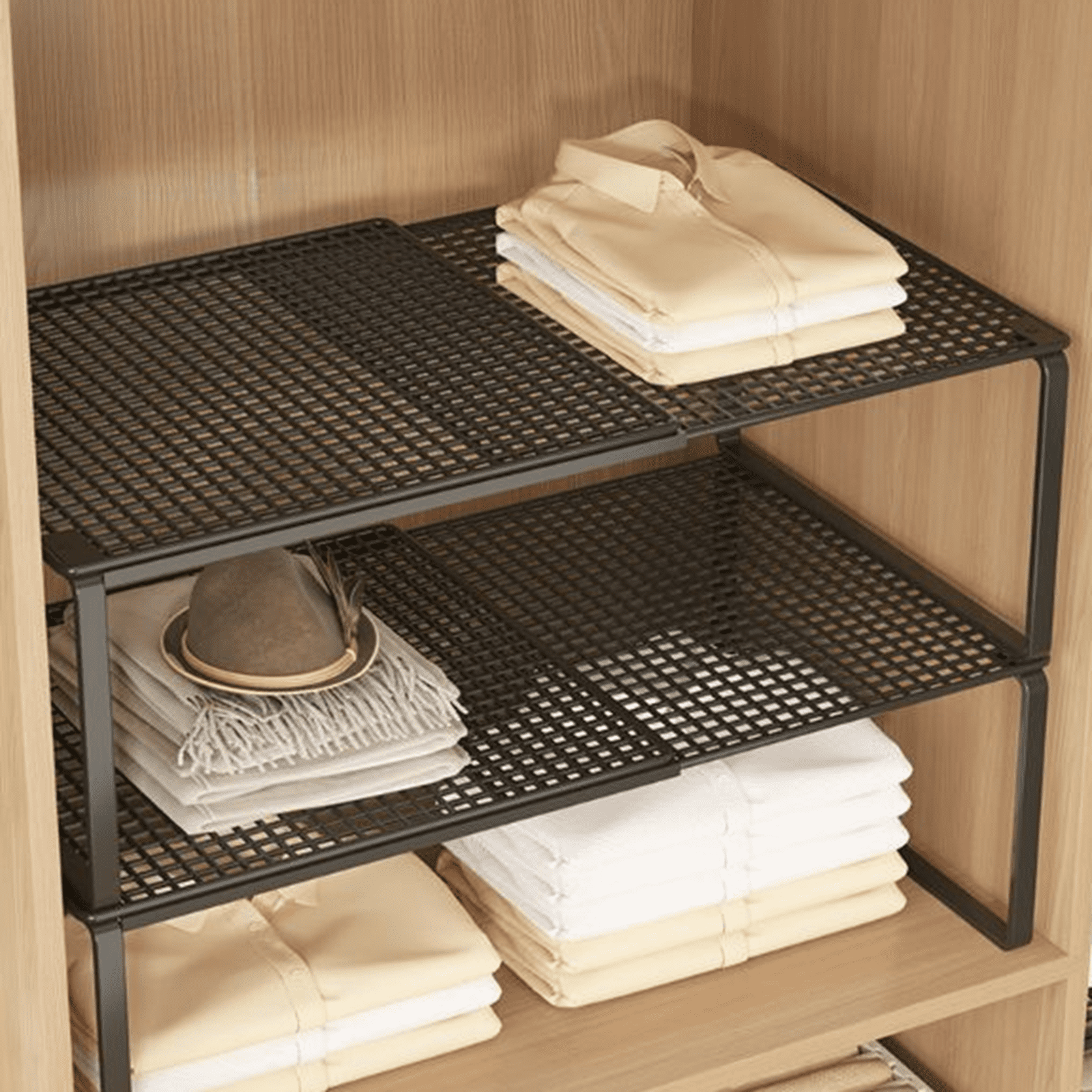 Bxaolu Cabinet Storage Shelf Rack, Expandable Metal Rustproof Kitchen Counter and Cabinet Shelf, Storage Rack Organizer Space Saver for Kitchen, Fridge, Cabinet, Bathroom (2Pack-Black, 10.5-15")