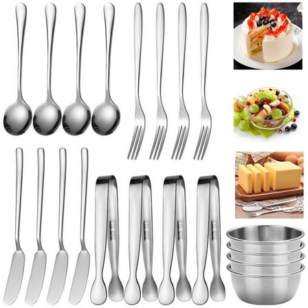 Bxaolu Charcuterie Board Accessories 20 Pieces, Cheese Spreader Knives Set Stainless Steel Charcuterie Utensils Spreader Knives Mini Serving Tongs Spoons Forks and Bowls for Pastry Making, Silver