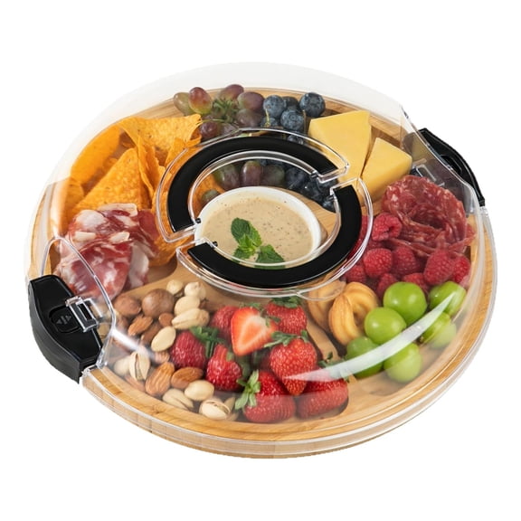 Bxaolu Charcuterie Board with Clear Locking Lid, Portable Travel Cheese Board & Snack Tray with Handle, 6-Compartment Charcuterie Boards, Reversible Cutting Board for Parties, Housewarming Gifts