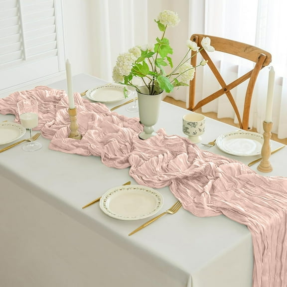 Bxaolu Cheesecloth Table Runner 35.5 x 157.5 inch Gauze Table Runners, Rustic Semi Sheer Boho Cheese Cloth Fabric Table Runner for Wedding,Party,Bridal Shower Decoration, Pink