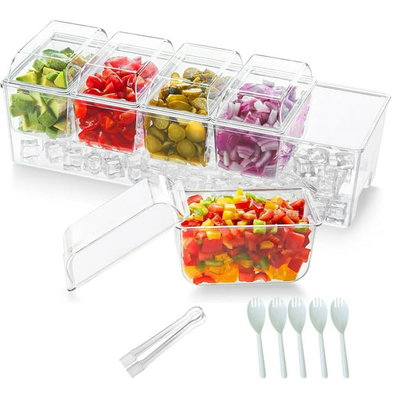 Bxaolu Chilled Condiment Server Tray, Bar Fruit Caddy with Lid and 5 Removable Compartments, Clear Ice Condiment Serving Tray for Party, Set of 5 Serving Spoons + 1 Clip (Clear)