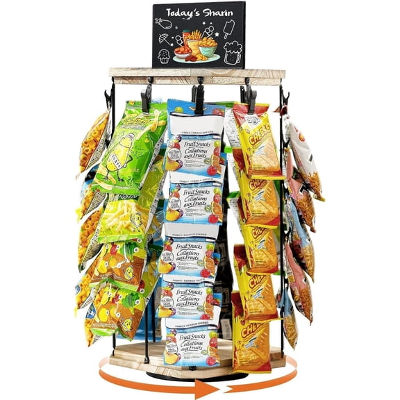 Bxaolu Chip Rack Display Stand, 5 Tiers 40 Clips Snack Organizer for Home Office Desk, 360 Rotating Wooden Base Chip Holder Candy Display for Concession Stand, Countertop, Party, With Board