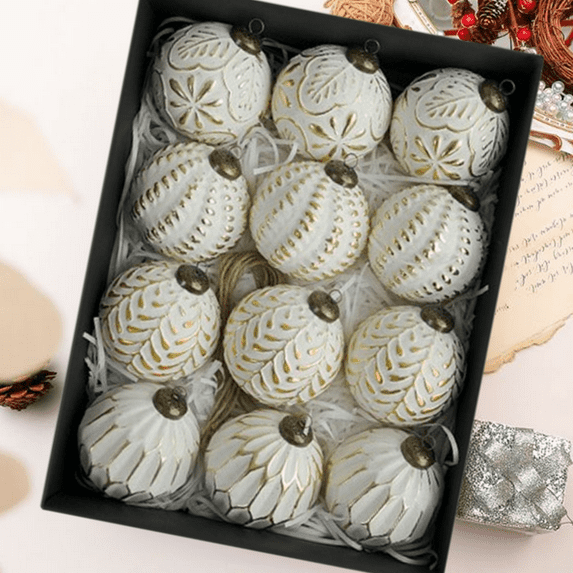 Bxaolu Christmas Hanging Balls, 3.15" Farmhouse Ball Ornaments (Set of 12, Antique Gold), Vintage Christmas Tree Decorations (12Pcs/Set)