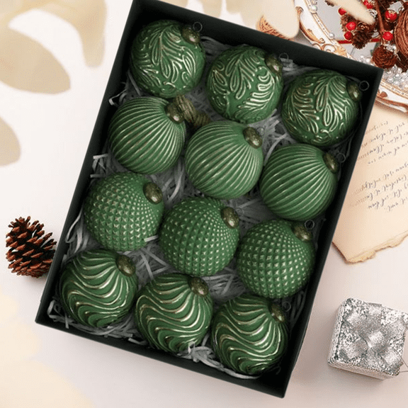 Bxaolu Christmas Hanging Balls, 3.15" Farmhouse Ball Ornaments (Set of 12, Antique Green), Vintage Christmas Tree Decorations (12Pcs/Set)