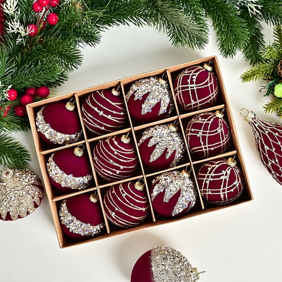 Bxaolu Christmas Ornaments Set,12pcs Flocking Velvet Ornaments For Christmas Tree Decor, Holiday Christmas Decor, Shatterproof Plastic Christmas Balls