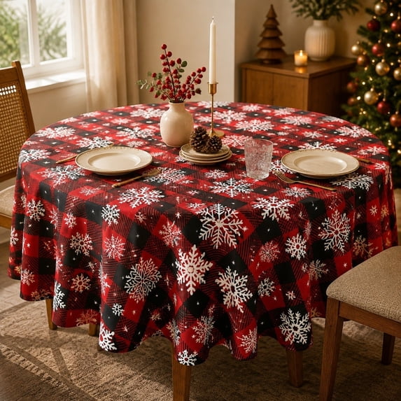 Bxaolu Christmas Tablecloth, Buffalo Plaid Snowflake Print, Waterproof & Heavy Duty Plastic Table Cover for Dining, Party, Holiday, 70 Inch