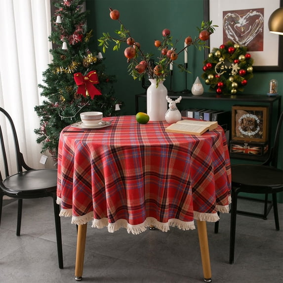 Bxaolu Christmas Tablecloth Round 50 Inch Plaid Tablecloth with Tassel - Cotton Linen Winter Xmas Festive Holiday Checkered Gingham Table Cloth Circle Washable Waterproof for Holiday Party Décor