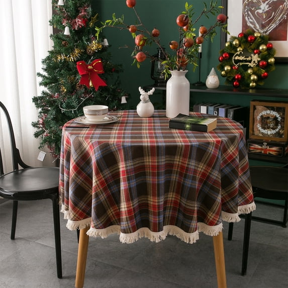 Bxaolu Christmas Tablecloth Round 50 Inch Plaid Tablecloth with Tassel - Cotton Linen Winter Xmas Festive Holiday Checkered Gingham Table Cloth Circle Washable Waterproof for Holiday Party Décor