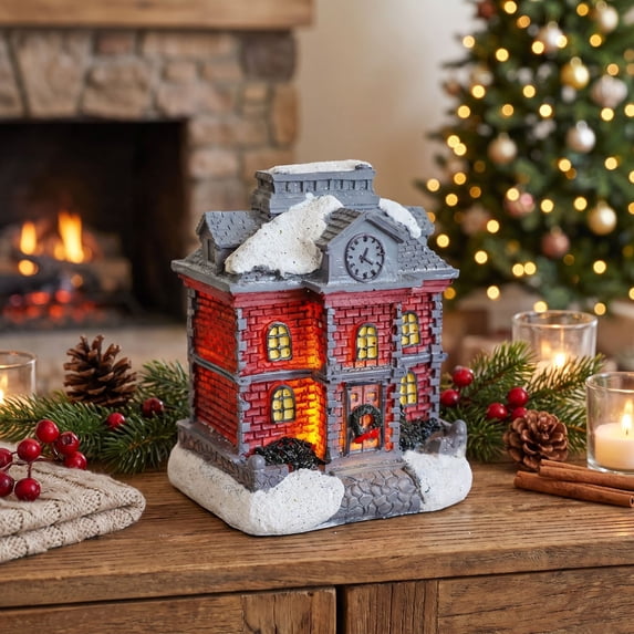 Bxaolu Christmas Village,Resin Christmas House Mini Desktop Ornament, Resin Buildings with LED Lights Figurine, Indoor Tabletop Mantel Decor, Holiday Accessories