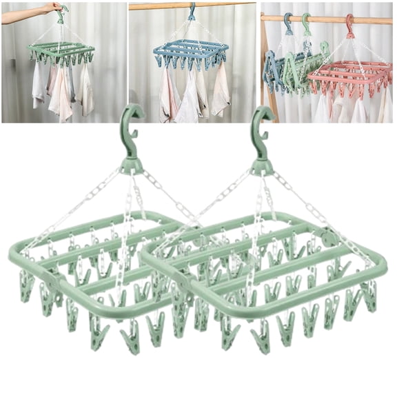 Bxaolu Clip and Drip Hanger Clothes Hanger Drying Rack 32 Clips, Foldable Hanging Drying Rack for Clothes Underwear Socks(2Pack, Green)