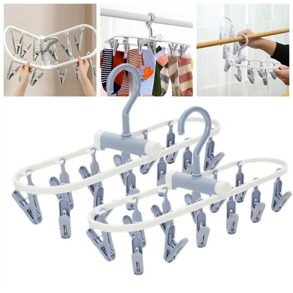 Bxaolu Clothes Drying Racks 2 Pack Small Folding Portable Underwear Hangers with Clips Socks 12 Clips 360° Rotatable Hook for Drying Towels Bras Clothes Gloves Socks, Blue